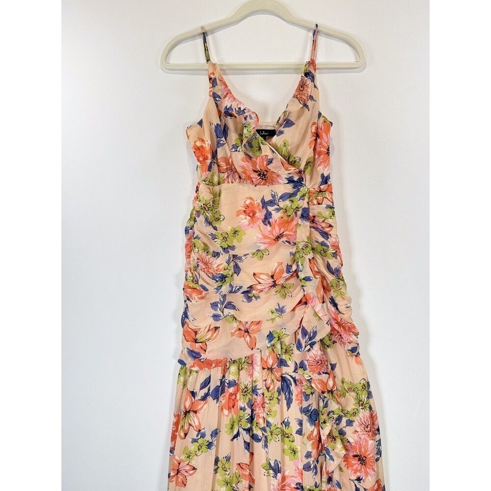 Lulus Dress Blush Pink Stunning Soiree Floral Ruched Midi V Neck Chiffon Small - Picture 5 of 12